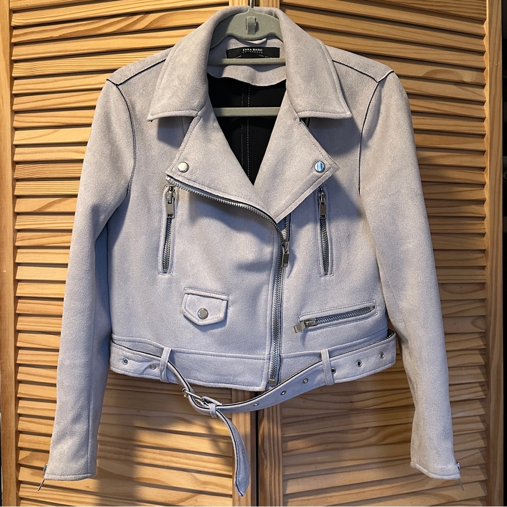 Zara Suede Basic Outerwear Moto Jacket L Large Grey Blue